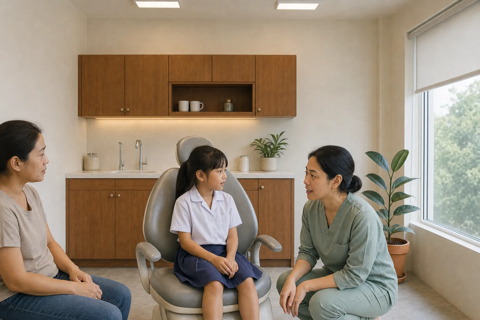A child in school uniform sitting up on the dental chair with their feet dangling, Dr. Pim beside them at eye level and a parent seated in the room
