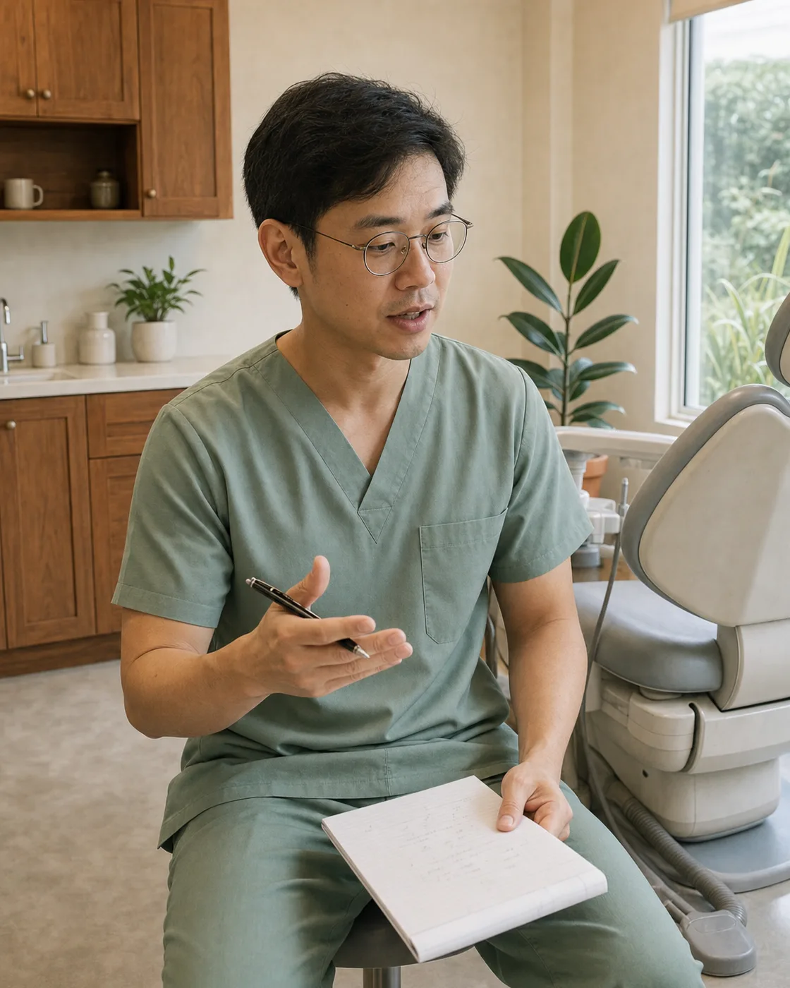 Dr. Nat sitting beside the dental chair in sage-green scrubs, mid-sentence, gesturing with a ballpoint pen, an open lined notepad resting on his knee