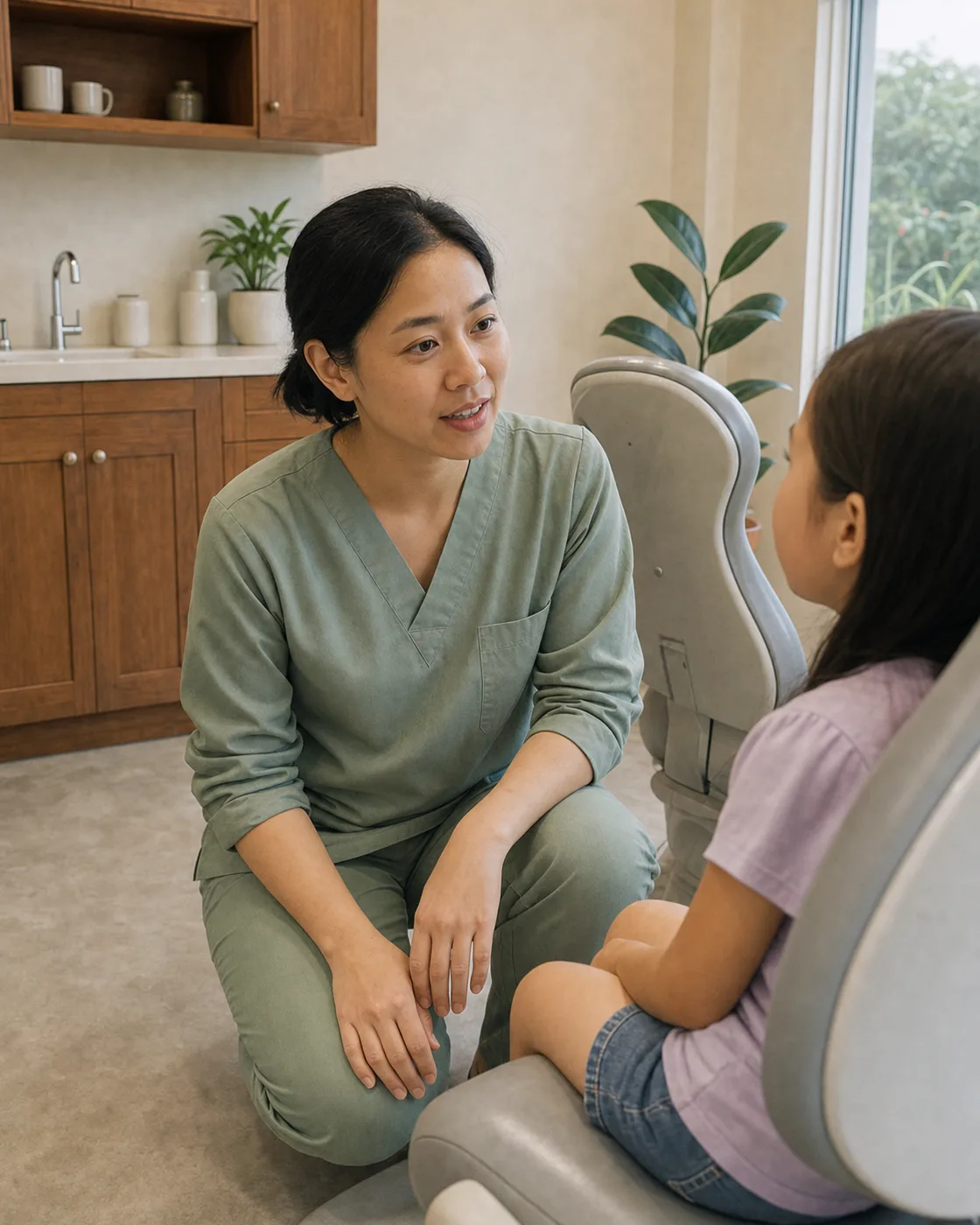 Dr. Pim crouched down beside the dental chair so her face is level with a child sitting up on it, the two of them talking