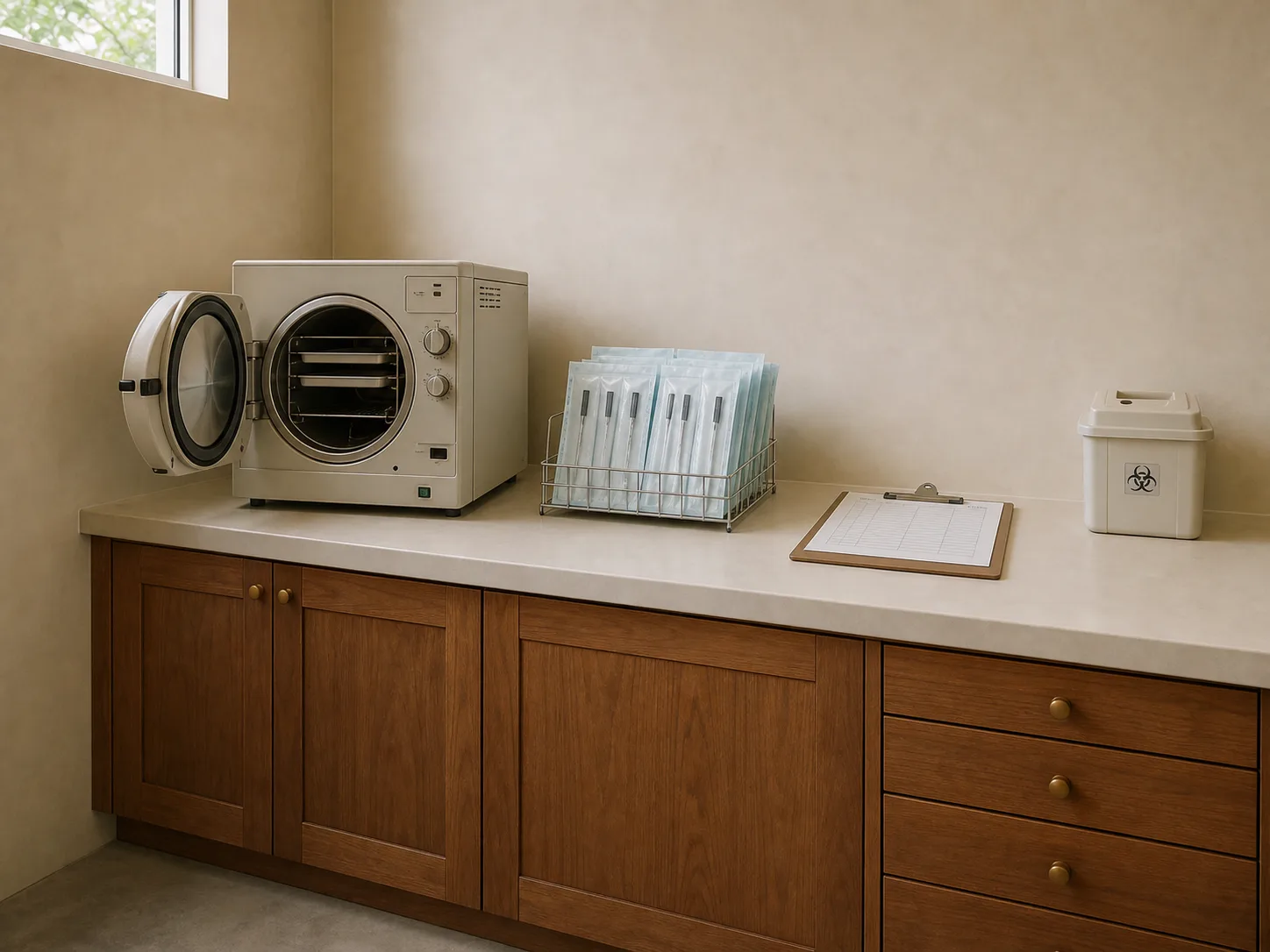 The sterilisation room with an autoclave standing open, a wire rack of sealed pouches with darkened indicator strips, a paper log sheet on a clipboard and a closed sharps container