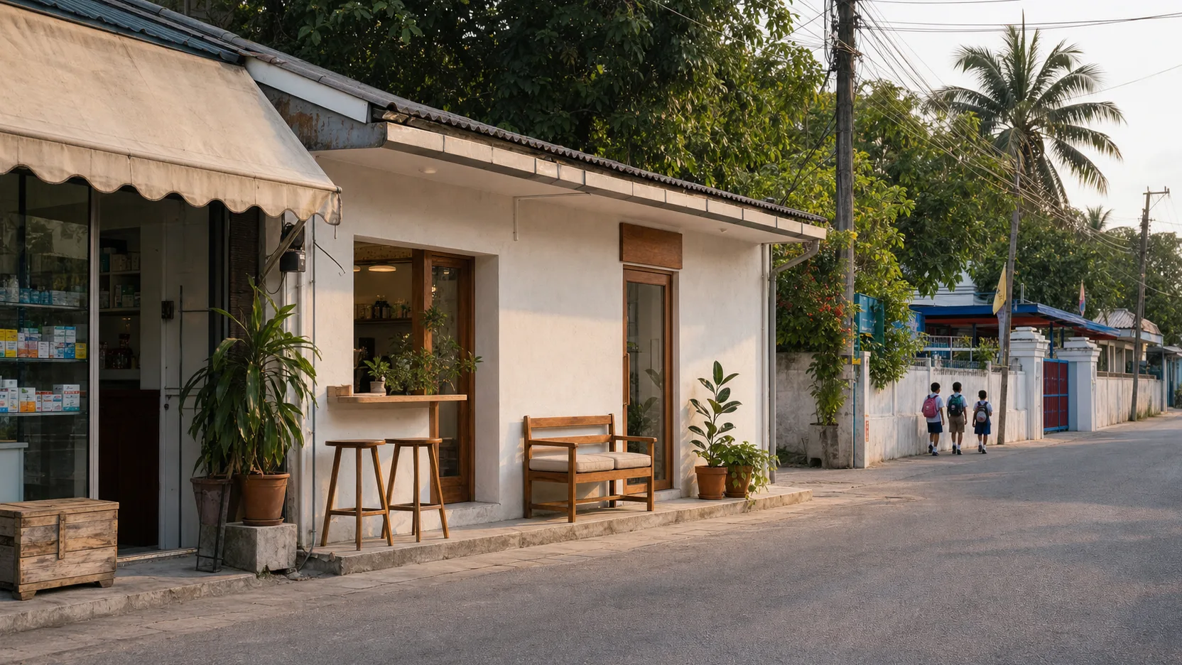 The residential street outside the clinic in late afternoon, with a pharmacy awning and a coffee shop, and a school gate further down