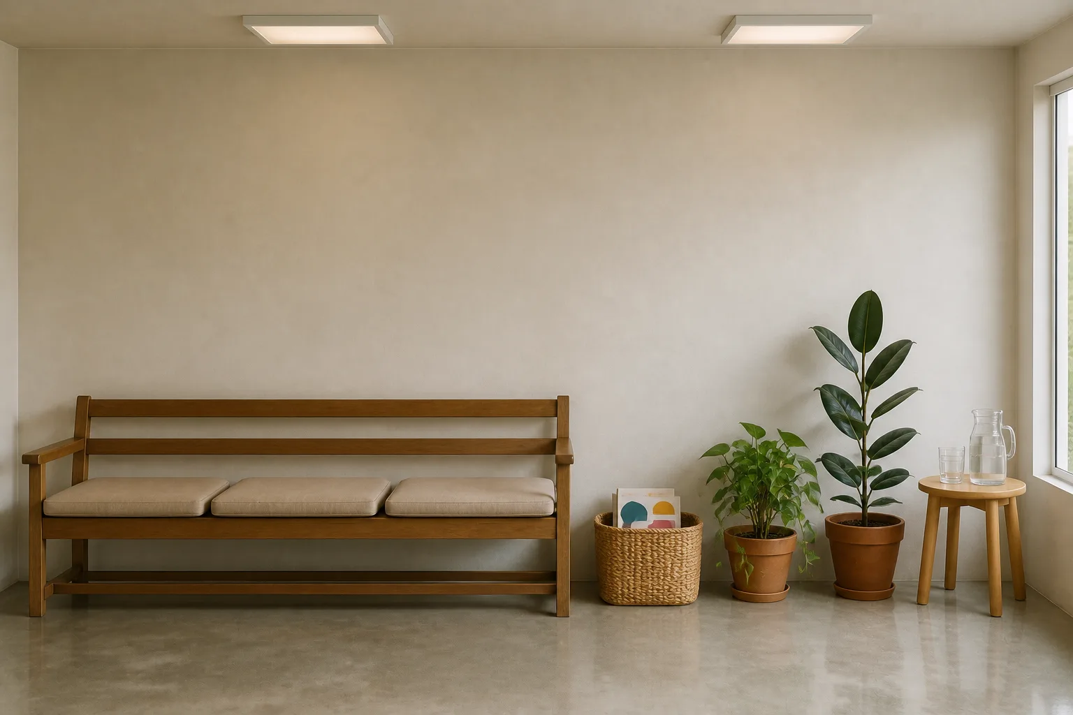 The waiting area with a wooden bench, cushions, plants and a low basket of picture books
