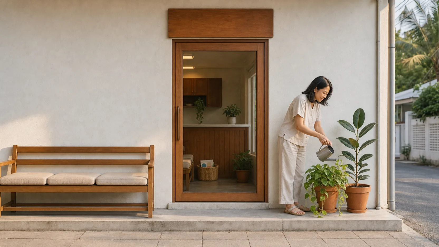 The clinic frontage in early morning light: a long teak bench, a glass door with a plain carved wooden board above it showing the reception counter and waiting bench inside, and someone in an oatmeal shirt watering the potted plants beside the step