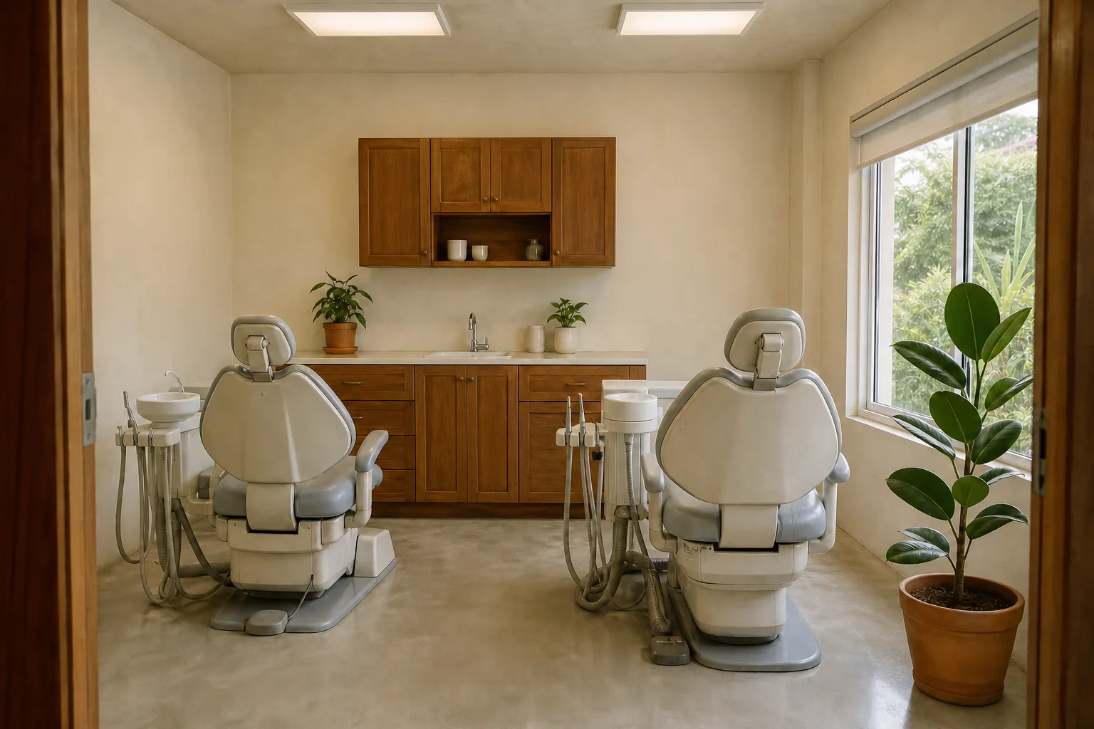 The treatment room seen through the doorway: both dental chairs empty and upright, the teak cabinet run behind them, and daylight from the window on the right